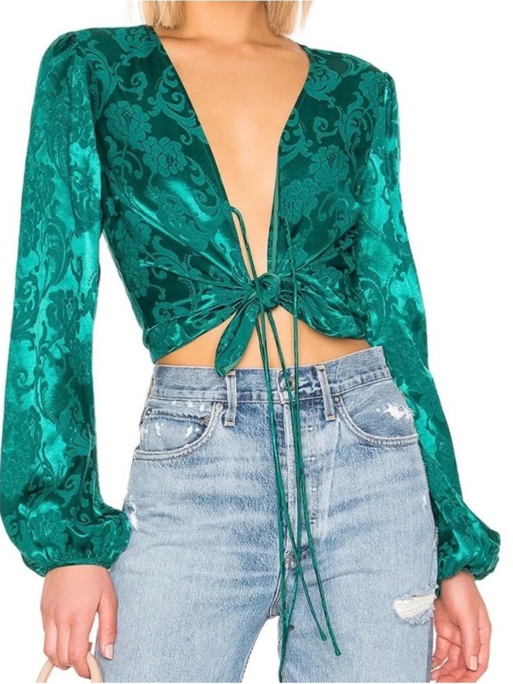 MAJORELLE Emerald Green Tie-Front Long-Sleeve Crop Top Small
